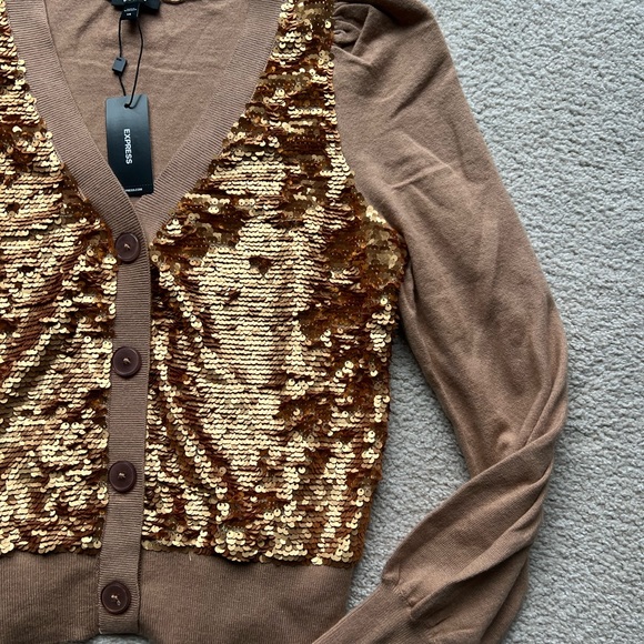 NWT Express Women's Sequin Long Sleeve Button Front Cardigan Sweater Top XS Gold - Picture 5 of 15